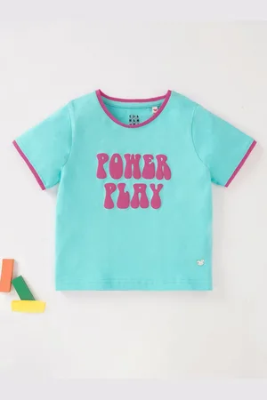 Ed-a-Mamma Girls Blue Typography Printed Applique T-shirt