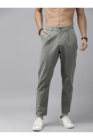 Buy Roadster Men Olive Green Slim Fit Solid Ankle Length Trousers