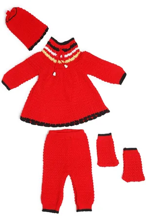 Superminis Unisex Kids Red & Black Woolen Top & Trousers With Caps & Mittens Set