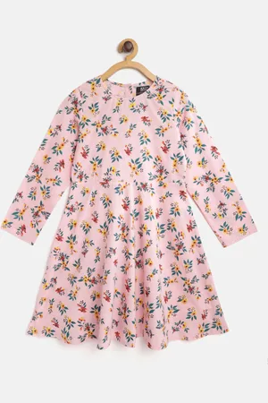 HERE&NOW Girls Pink & Teal Floral Print Cotton Fit & Flare Dress