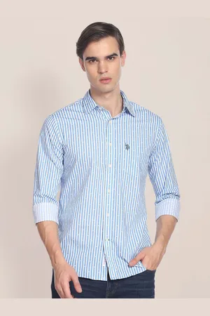 U.S. Polo Assn. Men Blue & White Tailored Fit Bengal Stripes Cotton Casual Shirt