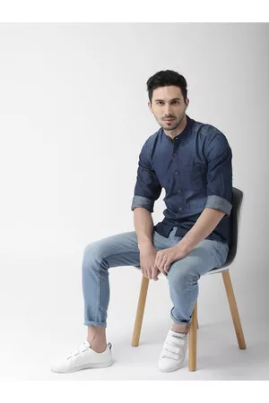 Highlander Navy Slim Washed Denim Casual Shirt