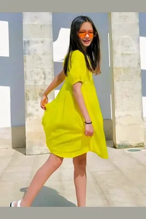 Cherry Crumble Girls Yellow Solid A-Line Dress with Embroidered Detail