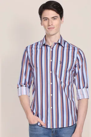 U.S. Polo Assn. Men Blue & Red Tailored Fit Striped Cotton Casual Shirt