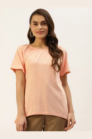 BRINN Peach-Coloured Solid Pure Cotton Curved Hem Top