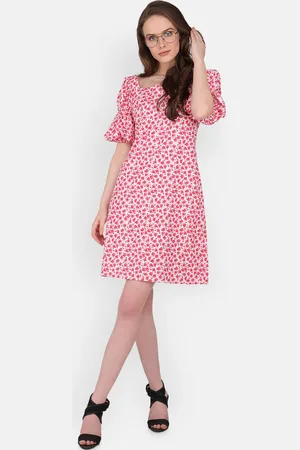 MARC LOUIS Women Pink & White Floral Fit & Flare Dress