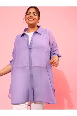 CURVY STREET Button Cuff Long Sleeves Longline Sheer Casual Shirt