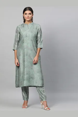 indo street Floral Printed Band Collar Straight Kurta With Trousers