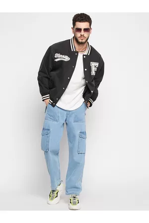 men grey embroidered pure cotton denim varsity jacket