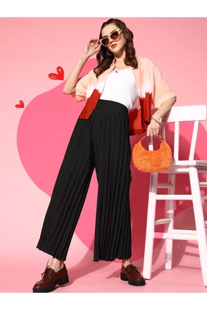 Berrylush Women Black Loose Fit High-Rise Pleated Trousers
