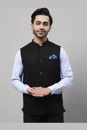Even Woven Design Cotton Linen Nehru Jacket With Welt Pockets