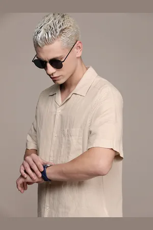 Calvin Klein Men Cuban Collar Linen Cotton Casual Shirt