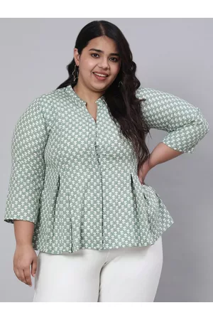 Jaipur Plus Size Geometric Printed Cotton Mandarin Collar A-Line Top