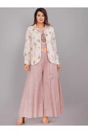 Kalini Women Printed Pure Cotton Crop Top With Palazzo & Jacket