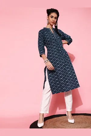 indo street Geometric Printed Band Collar Cotton Straight Kurta