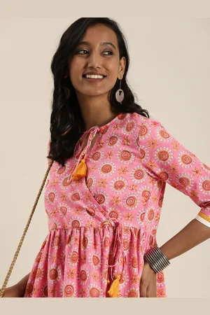 Taavi Women Pink & Brown Bagru Handblock Print Wrap Dress with Tie-Up