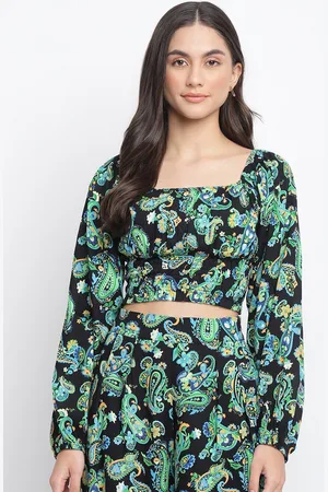 Fabindia Women Black And Green Floral Print Crop Top