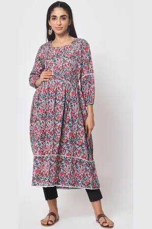 Aujjessa Floral Printed Pleated Maternity A-Line Cotton Kurta