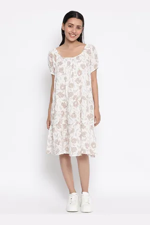 Fabindia Women Off White Floral Printed Cotton A-Line Midi Dress