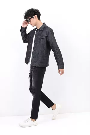Ketch Men Black Solid Washed Denim Jacket