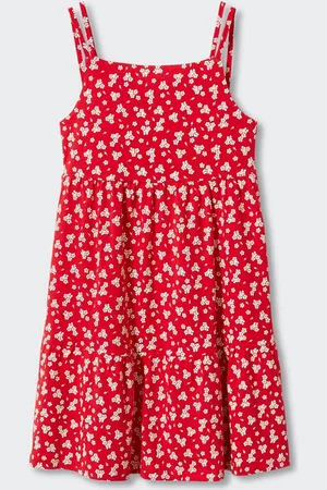 MANGO Girls Floral Printed Gathered Detail Pure Cotton Fit & Flare Dress