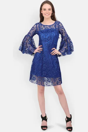 MARC LOUIS Women Blue Self Design Fit and Flare Dress