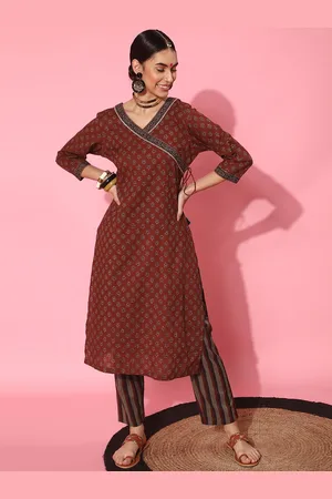 indo street Ethnic Motifs Printed Angrakha Gotta Patti Pure Cotton Kurta with Trousers