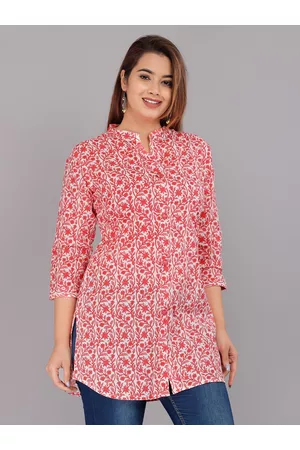 Kalini Women White & Peach-Coloured Mandarin Collar Printed Tunic