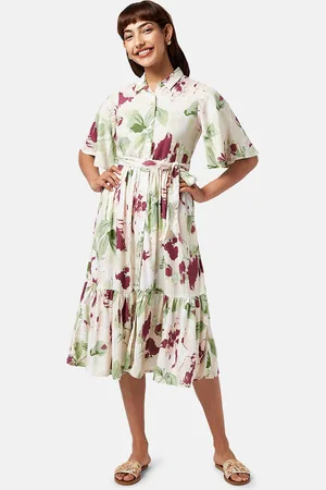 Pantaloons Abstract Printed Belted Flounce Shirt Midi Dress