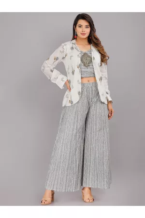 Kalini Printed Pure Cotton Crop Top With Palazzo & Jacket