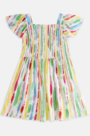 Pantaloons Girls V-Neck Abstract Printed Smocked Cotton A-Line Dress