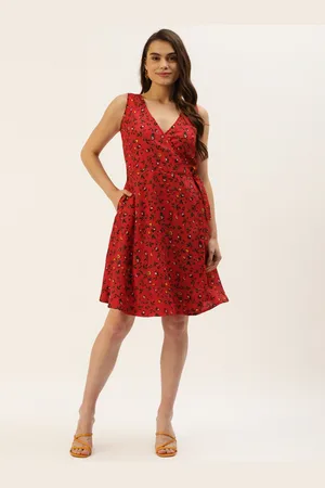BRINN Maroon & Black Floral Crepe Dress