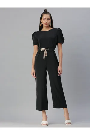 SHOWOFF Women Round Neck Basic Jumpsuit With Waist Tie-Ups