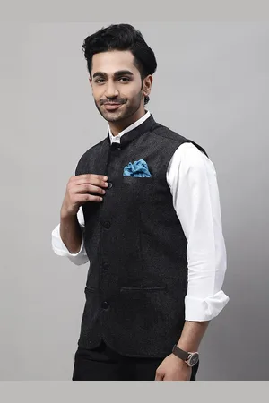 Even Men Woven Mandarin Collar Nehru Jacket With Welt Pockets