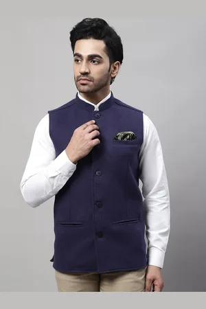 Even Men Pure Wool Mandarin Collar Nehru Jackets With Welt Pockets