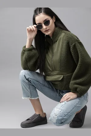Roadster Women Olive Green Sherpa Sweatshirt