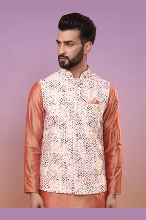 KISAH Printed Nehru Jackets With Pocket Square