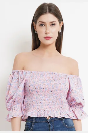 Purple State Pink Floral Print Off-Shoulder Smocked Bardot Crop Top