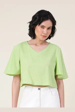 Fabindia V-Neck Flared Sleeve Cotton Crop Top
