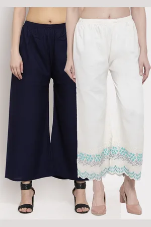Miaz Lifestyle Women Off White & Navy Blue Set Of 2 Printed Flared Knitted Palazzos