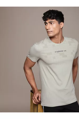 FORCE IX Men Checked Pure Cotton T-shirt with Brand Logo Print