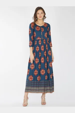 Metro Fashion Women Teal & Red Ethnic Motifs Printed Floral Anarkali Kurta