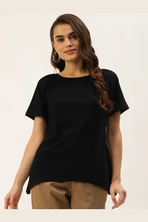 BRINN Black Solid Pure Cotton Curved Hem Top