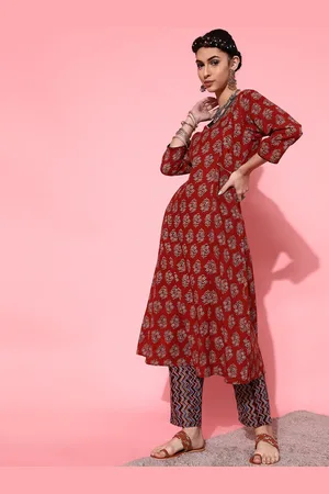 indo street V-Neck A-Line Floral Printed Gotta Patti Pure Cotton Kurta with Trousers