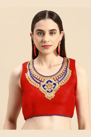 flaher Women Red & Blue Embroidered Art Silk Saree Blouse