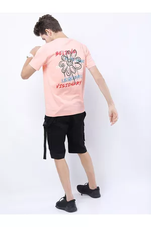 Ketch Men Pink Printed Raw Edge Slim Fit T-shirt