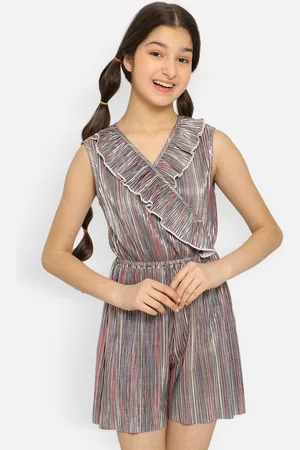 Natilene Girls Striped V Neck Sleeveless Ruffles Playsuit