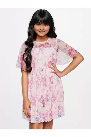 AND Girls Floral Printed Flared Sleeves Fit & Flare Dress