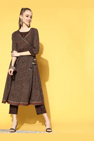 indo street Floral Printed Angrakha Pure Cotton Kurta With Trousers