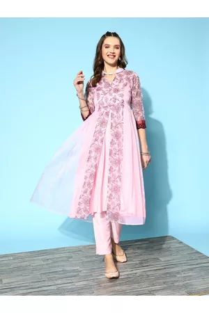 Inddus Women Floral Printed High Slit Kurta with Trousers